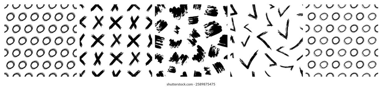 Set of seamless patterns with dark hand drawn scribble smear on white background. Abstract grunge texture. Vector illustration