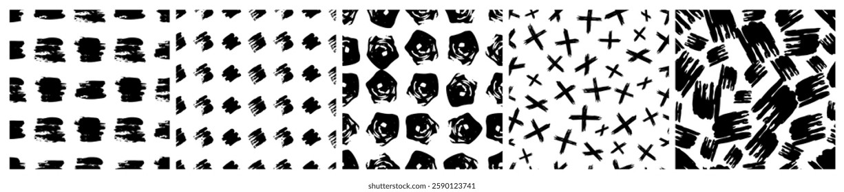 Set of seamless patterns with dark hand drawn scribble smear on white background. Abstract grunge texture. Vector illustration