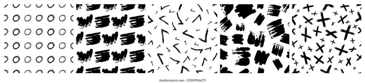 Set of seamless patterns with dark hand drawn scribble smear on white background. Abstract grunge texture. Vector illustration