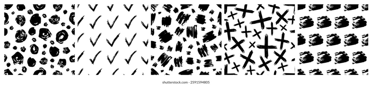 Set of seamless patterns with dark hand drawn scribble smear on white background. Abstract grunge texture. Vector illustration