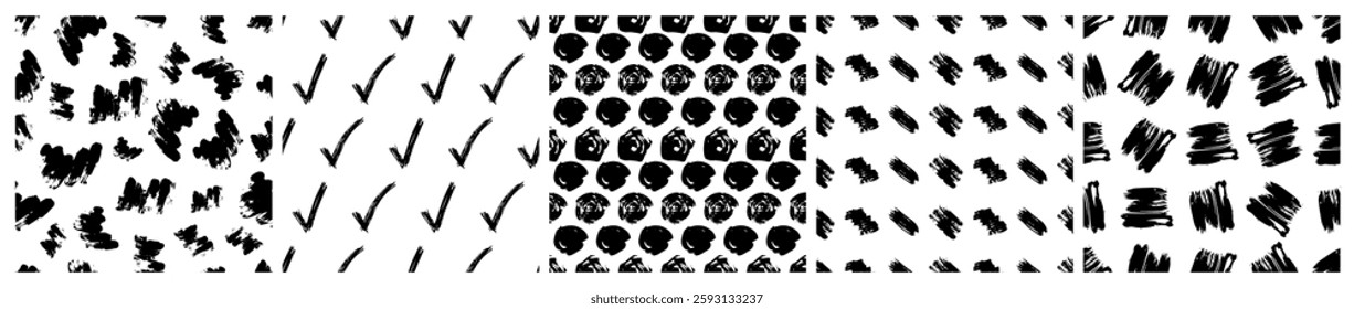 Set of seamless patterns with dark hand drawn scribble smear on white background. Abstract grunge texture. Vector illustration