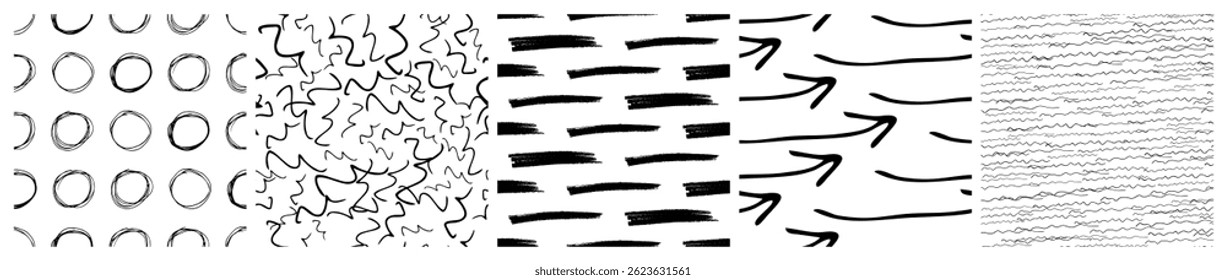 Set of seamless patterns with dark hand drawn scribble smear on white background. Abstract grunge texture. Vector illustration