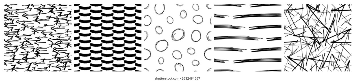 Set of seamless patterns with dark hand drawn scribble smear on white background. Abstract grunge texture. Vector illustration