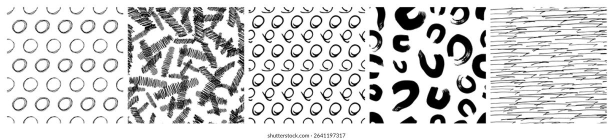 Set of seamless patterns with dark hand drawn scribble smear on white background. Abstract grunge texture. Vector illustration