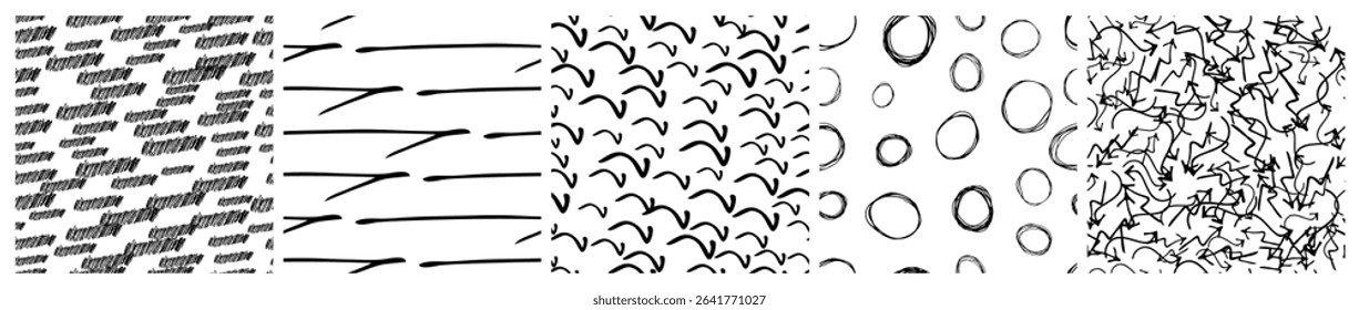 Set of seamless patterns with dark hand drawn scribble smear on white background. Abstract grunge texture. Vector illustration