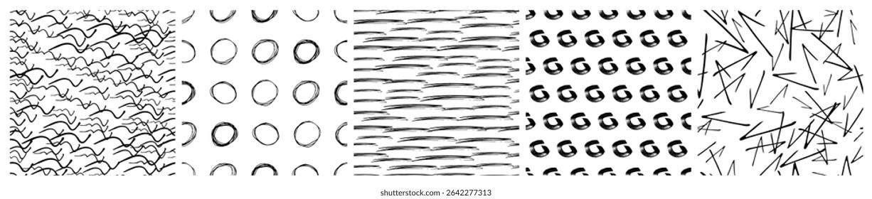 Set of seamless patterns with dark hand drawn scribble smear on white background. Abstract grunge texture. Vector illustration