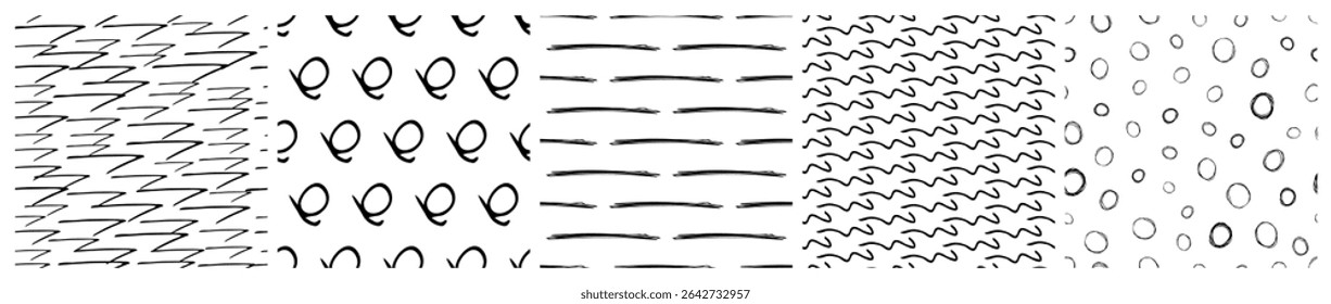 Set of seamless patterns with dark hand drawn scribble smear on white background. Abstract grunge texture. Vector illustration