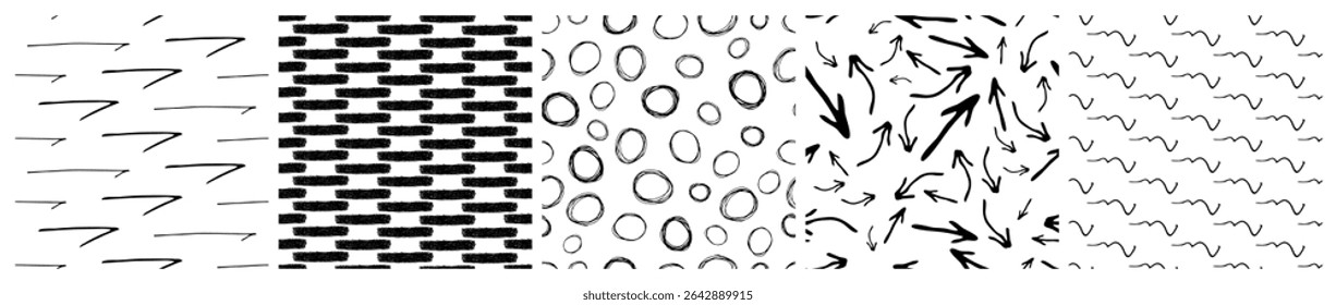 Set of seamless patterns with dark hand drawn scribble smear on white background. Abstract grunge texture. Vector illustration