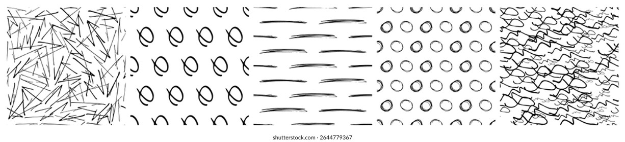 Set of seamless patterns with dark hand drawn scribble smear on white background. Abstract grunge texture. Vector illustration