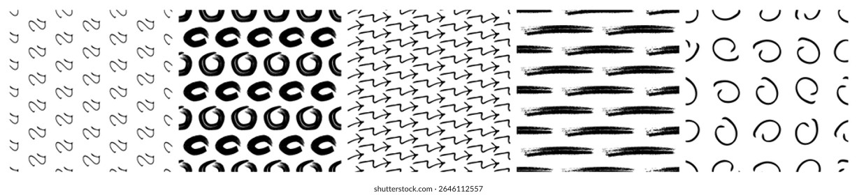 Set of seamless patterns with dark hand drawn scribble smear on white background. Abstract grunge texture. Vector illustration