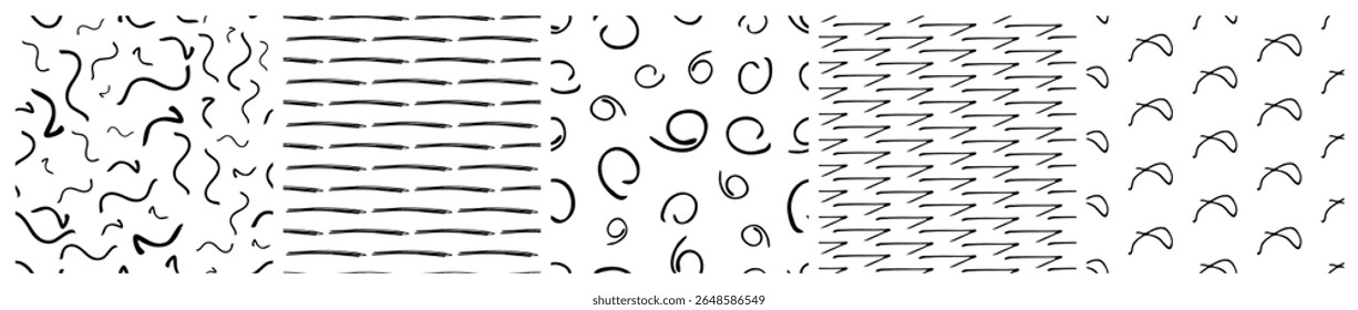 Set of seamless patterns with dark hand drawn scribble smear on white background. Abstract grunge texture. Vector illustration