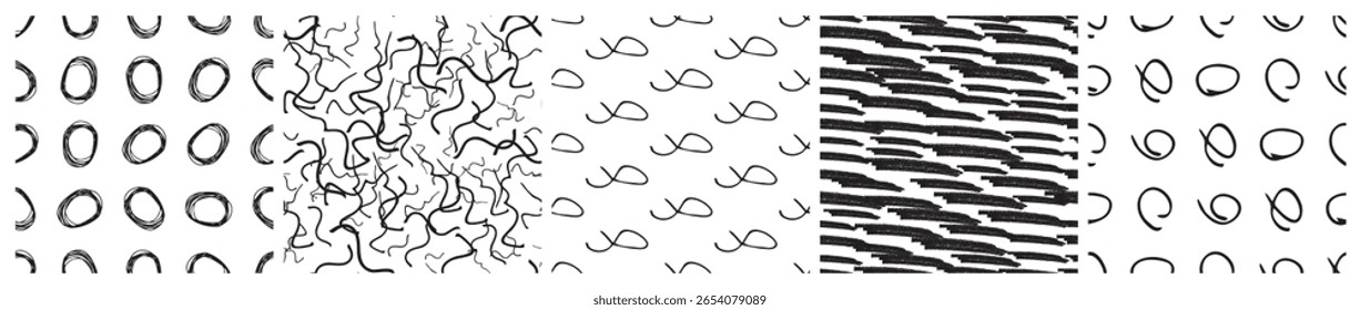 Satz von nahtlosen Mustern mit dunklem handgezeichnetem Kritzelabstrich auf weißem Hintergrund. Abstrakte Grunge-Textur. Vektorgrafik