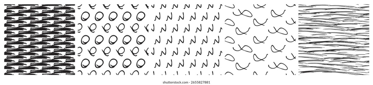 Set of seamless patterns with dark hand drawn scribble smear on white background. Abstract grunge texture. Vector illustration