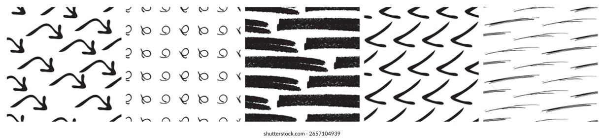 Set of seamless patterns with dark hand drawn scribble smear on white background. Abstract grunge texture. Vector illustration