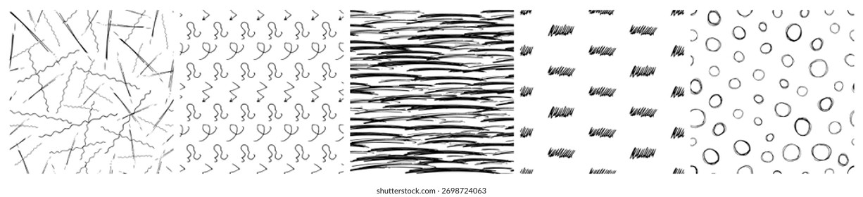 Set of seamless patterns with dark hand drawn scribble smear on white background. Abstract grunge texture. Vector illustration