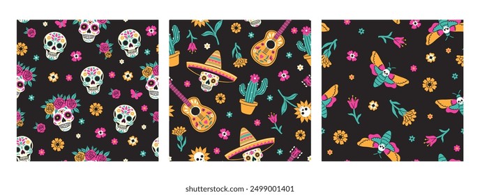 Conjunto de patrones sin fisuras día de los muertos. Gráficos de Vector.