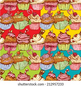 set of seamless patterns with decorated sweet cupcakes - background for cafe, menu, birthday design, etc.