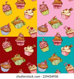 set of seamless patterns with decorated sweet cupcakes - background for cafe, menu, birthday design, etc.