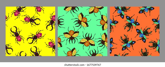 Set of seamless patterns with decorative beetles. Vector graphics.
