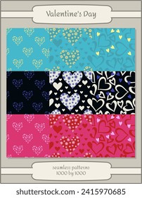 Set of seamless patterns with decorative hearts. Valentine s day vector background. EPS10