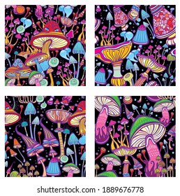 Set of Seamless patterns with decorative mushrooms on black