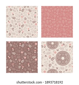 Set of seamless patterns with decorative pink flowers and leaves. Floral dark and bright backgrounds for textile, fabric manufacturing, wallpaper, covers, surface, print, gift wrap, scrapbooking.