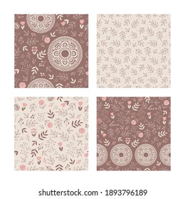 Set of seamless patterns with decorative pink flowers and leaves. Floral dark and bright backgrounds for textile, fabric manufacturing, wallpaper, covers, surface, print, gift wrap, scrapbooking.