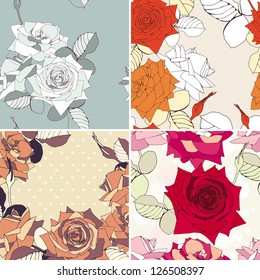 Set of seamless patterns with decorative roses flowers. Vector background in vintage colors.