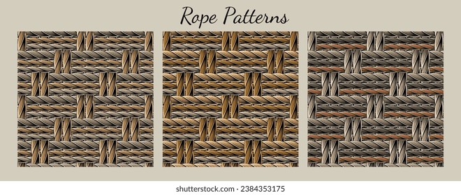 Set of seamless patterns with dense, tight interwoven ropes. Mat, rug with traditional twill weave. Vintage style. Not AI