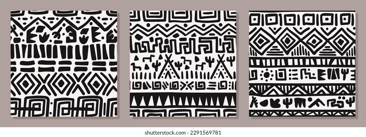 Set of seamless patterns depicting various abstract hand-drawn geometric shapes. Design for paper, textile and decor. Ethnic tribal elements.