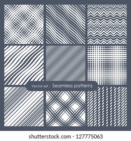 Set of seamless patterns. Diagonal dots, stripes, zigzag and checkered. Vector repeating texture, Geometric endless mesh