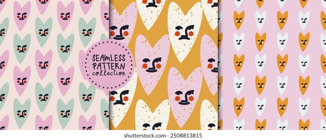 Set with seamless patterns with different blue, pink, white, orange hearts with faces. Vector prints, designs, backgrounds