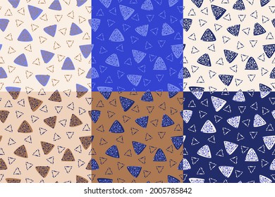 Set of seamless patterns in different colors, hand drawing abstract triangles geometry. Design for printing on fabrics, dishes, covers and more.
