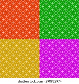 Set of seamless patterns in different colors with overlapping circle shapes.