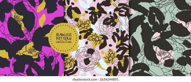 Set of seamless patterns with different flowers in vector. Backgrounds, prints, design elements