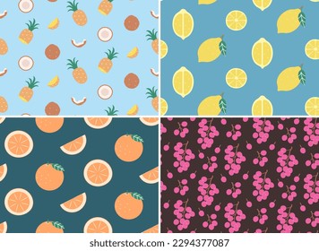 Set of seamless patterns with different fruits. Beautiful textures in flat style.