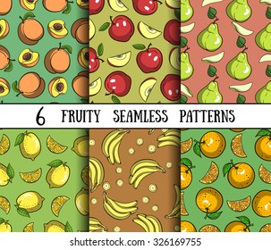 Set of seamless patterns with different hand drawn fruits with slices. Vector illustration.