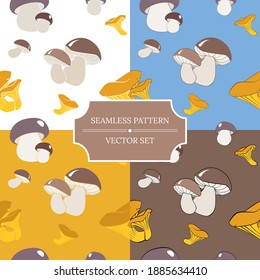 Conjunto de patrones sin fisuras con diferentes setas. Ilustraciones vectoriales para el diseño de carteles, fondo, tela, textil, café, restaurante, resort, scrapbooking, impresión