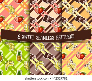 Set of seamless patterns with different sweet ingredients on striped background. Vector illustration.