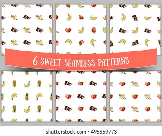Set of seamless patterns with different sweet ingredients on white background. Vector illustration.