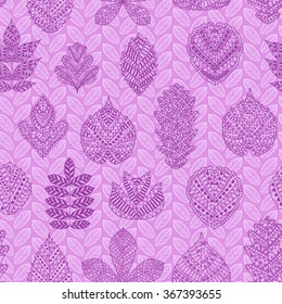 Set of seamless patterns with different tree leaves such as oak, chestnut and birch, aspen and linden, poplar and ginkgo, tulip tree and sassafras, beech, hornbeam. Autumn collection