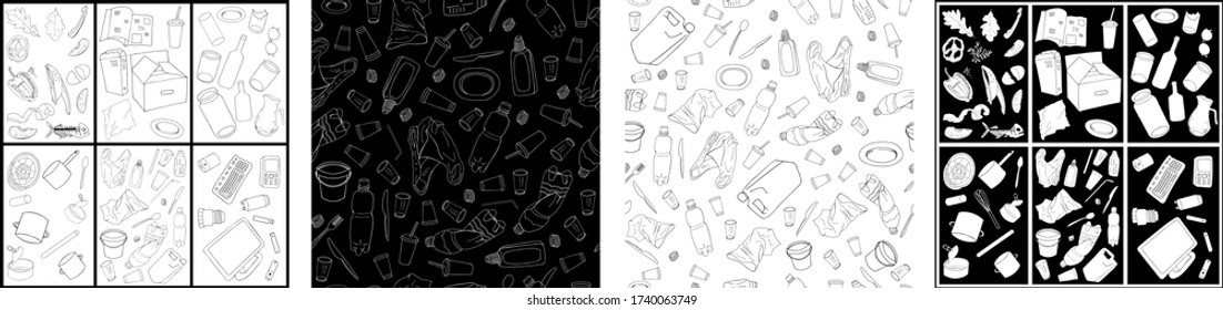 Set of seamless patterns  with different types of garbage. Vector collection of trash. Concept of recycles day and ecology. Hand drawn outline isolate on black background. 