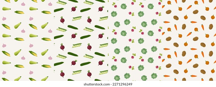 Set of seamless patterns with different vegetables