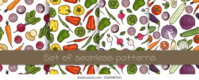 Set of seamless patterns with different vegetables. Pepper, tomato, onion, radish, cabbage and others. Flat vector illustration