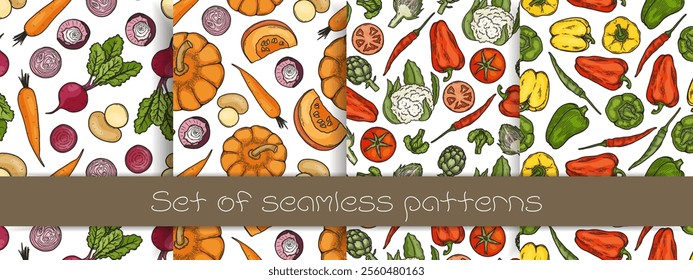 Set of seamless patterns with different vegetables. Pepper, tomato, onion, radish, cabbage and others. Flat vector illustration