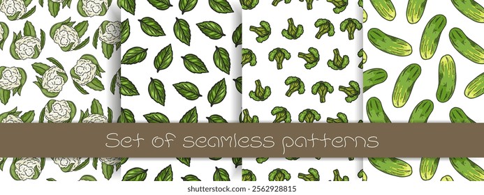 Set of seamless patterns with different vegetables. Broccoli, spinash, cucumber  cabbage and others. Flat vector illustration	
