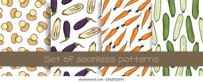 Set of seamless patterns with different vegetables. Potato, carrot, eggplant,  cabbage and others. Flat vector illustration	