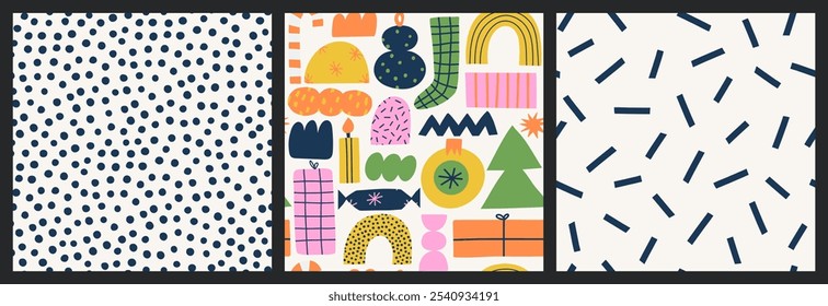 Set of seamless patterns with different winter and Christmas symbols. Cozy background. 
Hand draw vector collection of Christmas winter symbols.