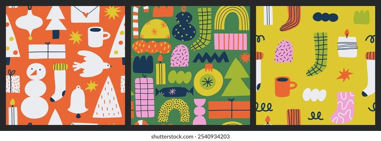 Set of seamless patterns with different winter and Christmas symbols. Cozy background. 
Hand draw vector collection of Christmas winter symbols.