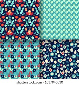 Set of seamless patterns with dinosaur eggs, footprints, abstract textures with blue and red neon.